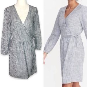 Old Navy S Navy White Railroad Stripe Genuine Wrap Dress Long Sleeve V-Neck Boho